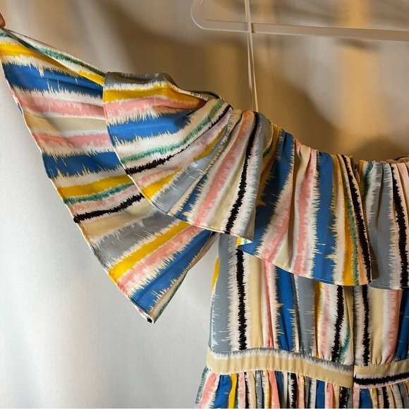 WHY DRESS RAINBOW STRIPE OFF SHOULDER MAXI DRESS Size M Multicolor Tiered artsy - Picture 3 of 12